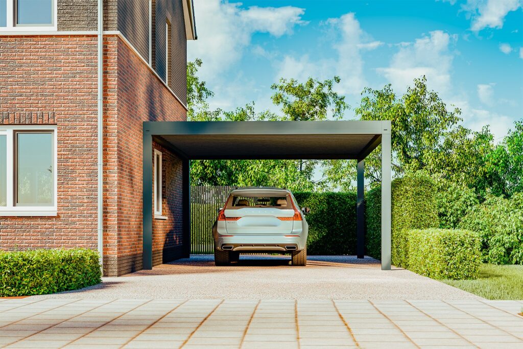 Aluxe carport in antracietgrijs, zijaanzicht met open constructie